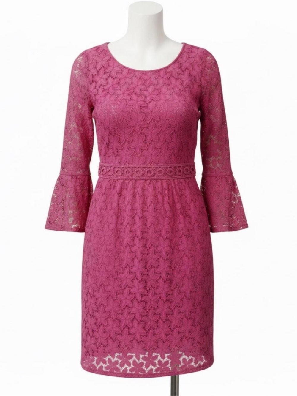 60’s inspired hot pink lace dress with bell sleeves and floral pattern.